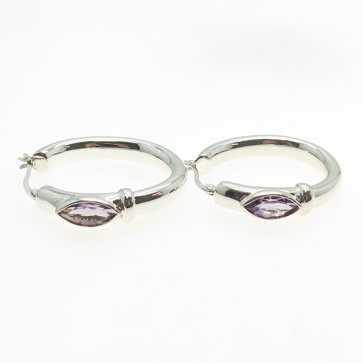 925 Sterling Silver Vintage Real Marquise-Cut Amethyst Oval Hoop Earrings