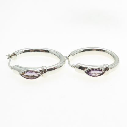 925 Sterling Silver Vintage Real Marquise-Cut Amethyst Oval Hoop Earrings