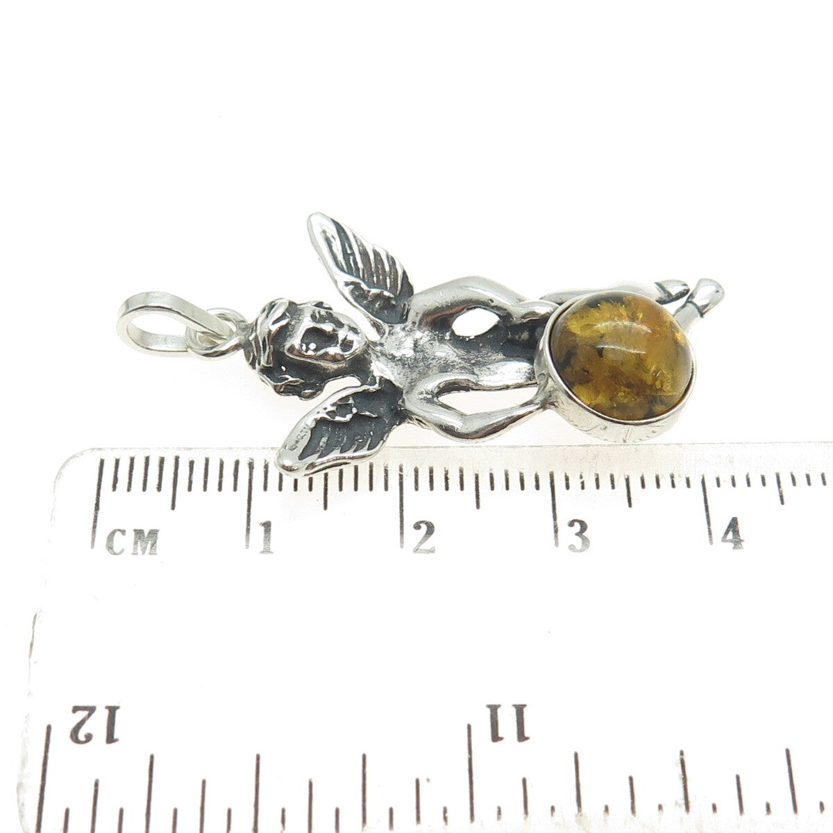 925 Sterling Silver Vintage Real Baltic Amber Angel Pendant