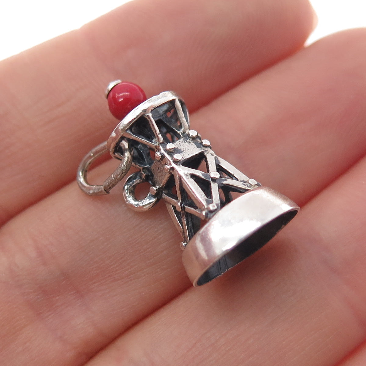 BEAU Sterling Silver Antique Art Deco Enamel Lighthouse Mini 3D Charm Pendant
