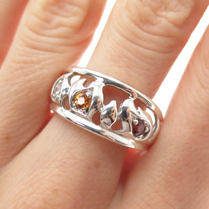 925 Sterling Silver Vintage Real Red Garnet Citrine & C Z Flame Ring Size 10.25