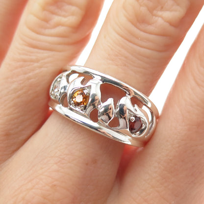 925 Sterling Silver Vintage Real Red Garnet Citrine & C Z Flame Ring Size 10.25