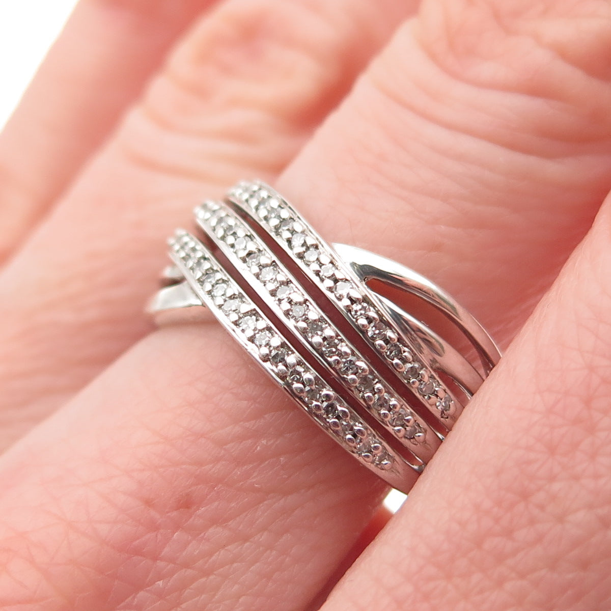 925 Sterling Silver Real Round-Cut Diamond Crisscross Ring Size 7.25