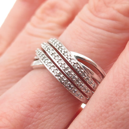 925 Sterling Silver Real Round-Cut Diamond Crisscross Ring Size 7.25