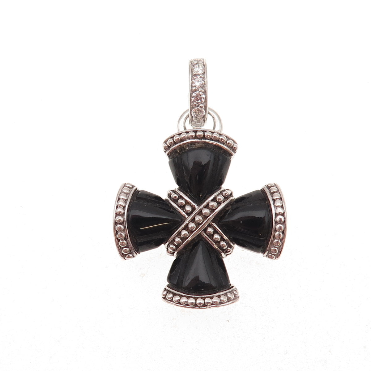 Judith Ripka 925 Sterling Silver Real Black Onyx & C Z Cross Charm Pendant