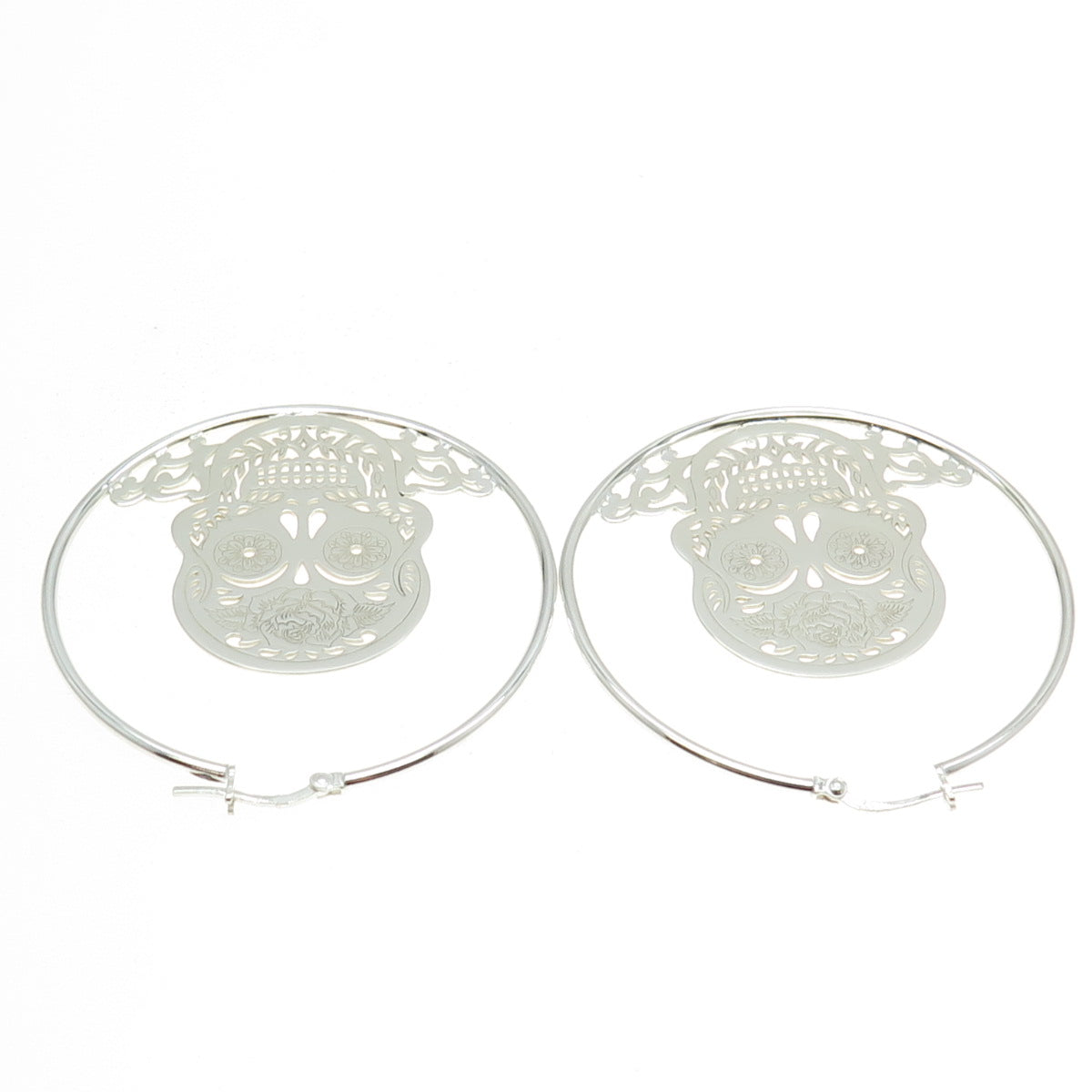 925 Sterling Silver Calavera Skull Hoop Earrings