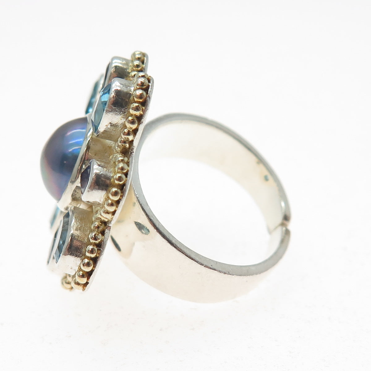 925 Sterling Vintage Real Pearl Topaz & Tanzanite Flower Adjustable Ring Size 7