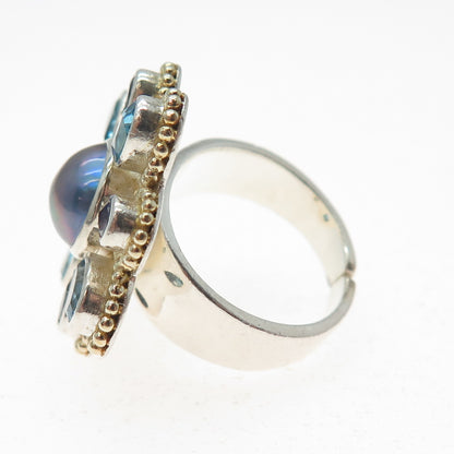 925 Sterling Vintage Real Pearl Topaz & Tanzanite Flower Adjustable Ring Size 7