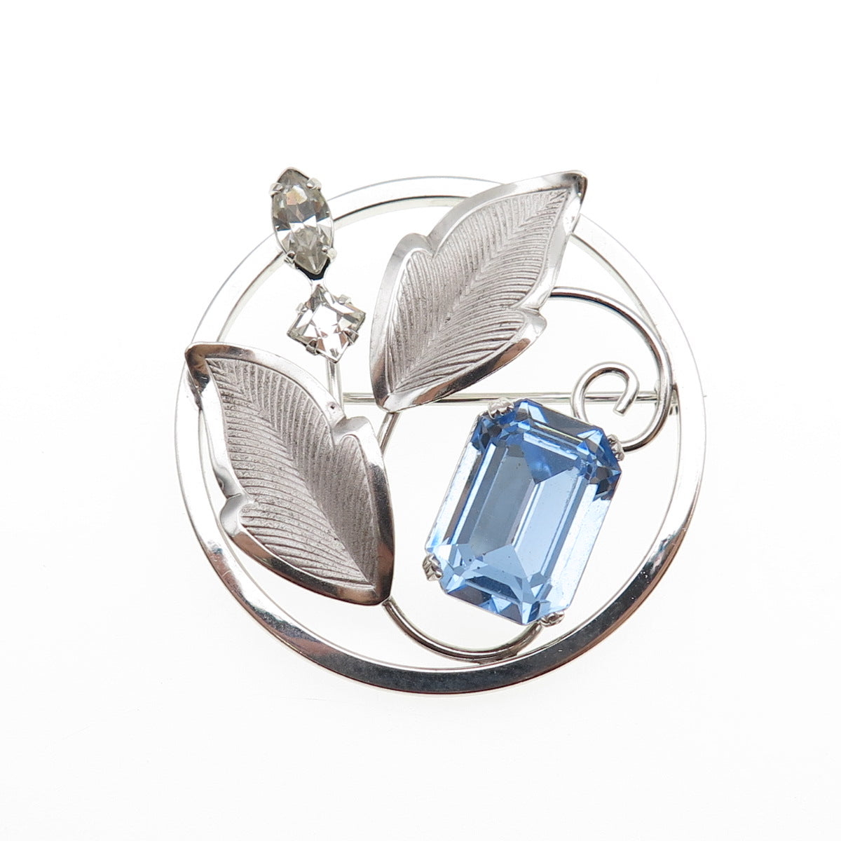 LORAN SIM 925 Sterling Antique Art Deco Blue White Rhinestone Floral Pin Brooch