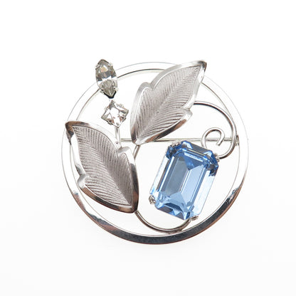 LORAN SIM 925 Sterling Antique Art Deco Blue White Rhinestone Floral Pin Brooch
