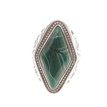 Ken Crafts 925 Sterling Silver Real Green Agate Floral Scroll Ring Size 9.75
