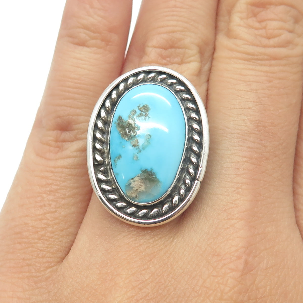 925 Sterling Silver Vintage Southwestern Real Turquoise Statement Ring Size 6.25