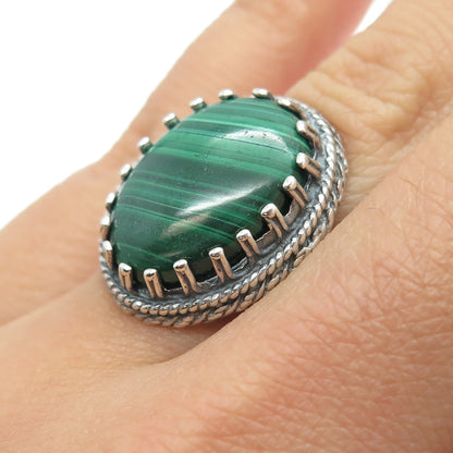 925 Sterling Silver Vintage Israel Real Malachite Gemstone Ethnic Ring Size 6.5