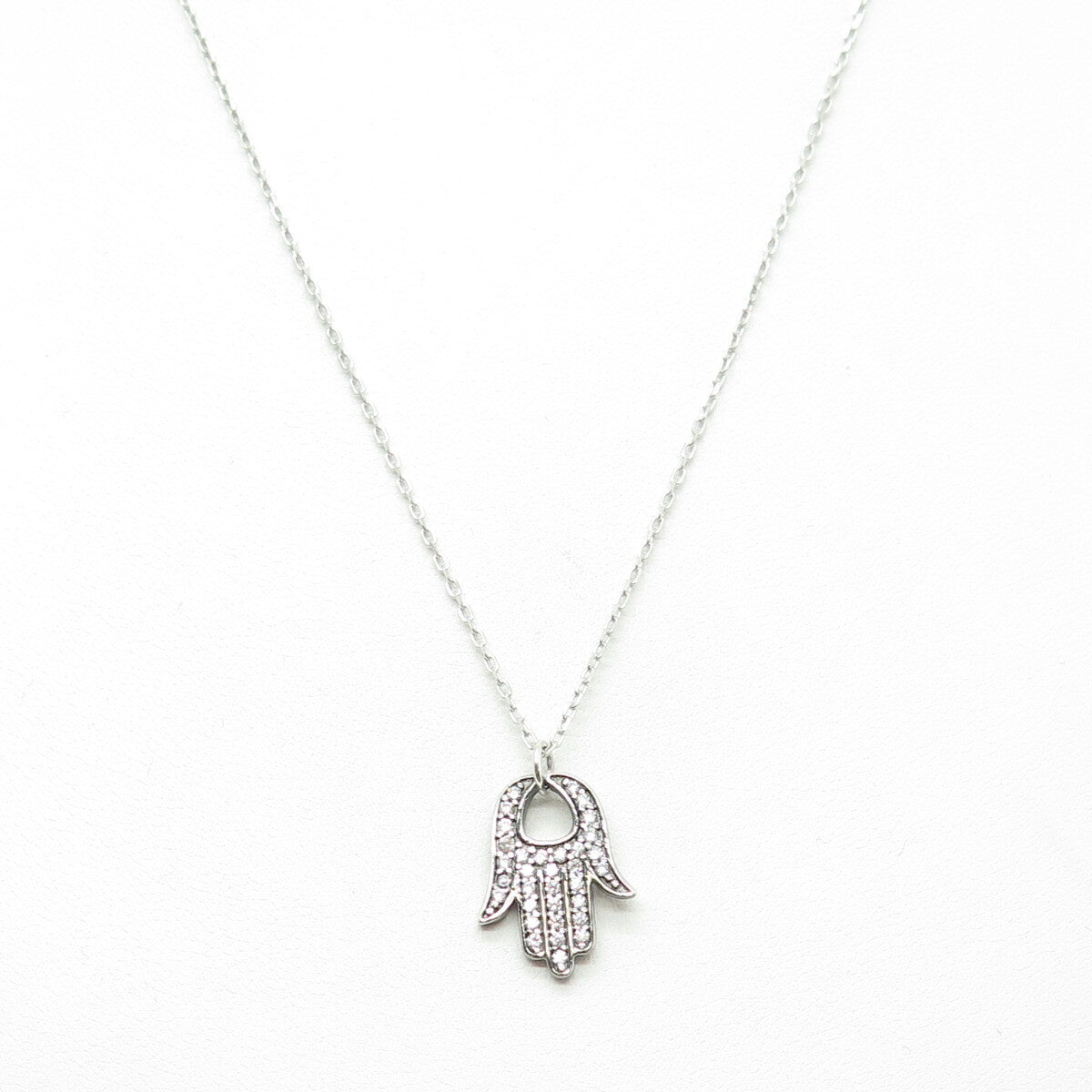 925 Sterling Silver Round-Cut C Z Hamsa Amulet Cable Chain Necklace 16-18"