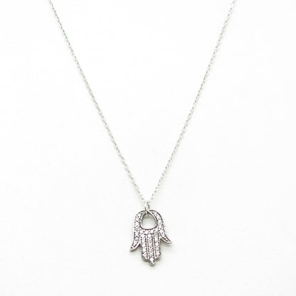 925 Sterling Silver Round-Cut C Z Hamsa Amulet Cable Chain Necklace 16-18"