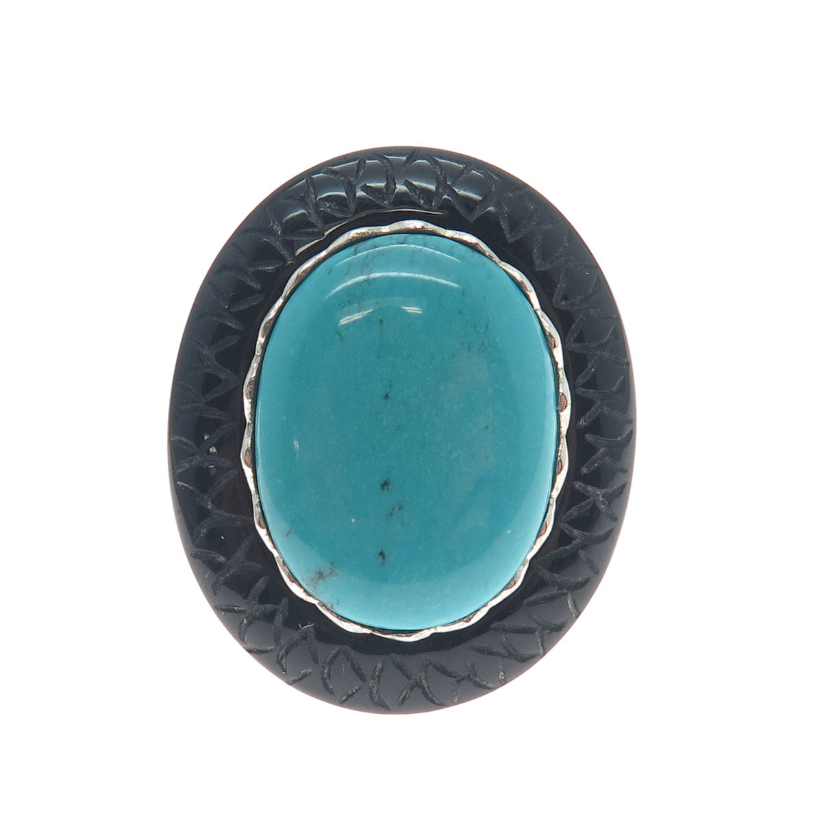 925 Sterling Silver Real Tyrone Turquoise & Black Onyx Snake Skin Ring Size 6.25