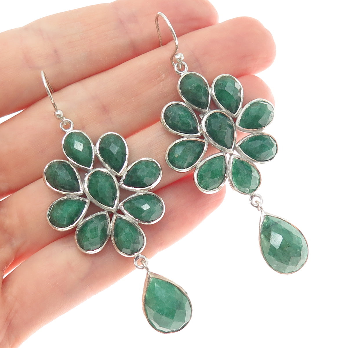925 Sterling Silver Real Pear-Cut Emerald Flower Dangle Earrings