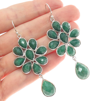 925 Sterling Silver Real Pear-Cut Emerald Flower Dangle Earrings