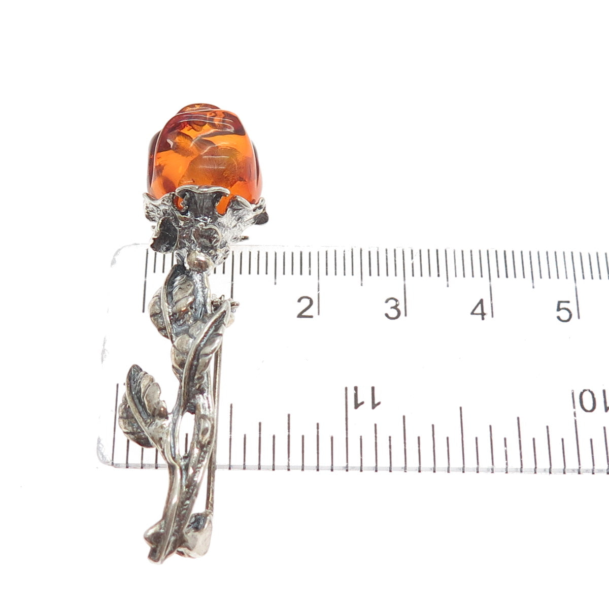 925 Sterling Silver Vintage Real Amber Carved Rose Flower Oxidized Pin Brooch