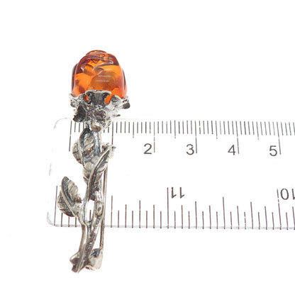 925 Sterling Silver Vintage Real Amber Carved Rose Flower Oxidized Pin Brooch