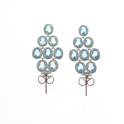 925 Sterling Silver Real Blue Topaz Cluster Dangle Earrings