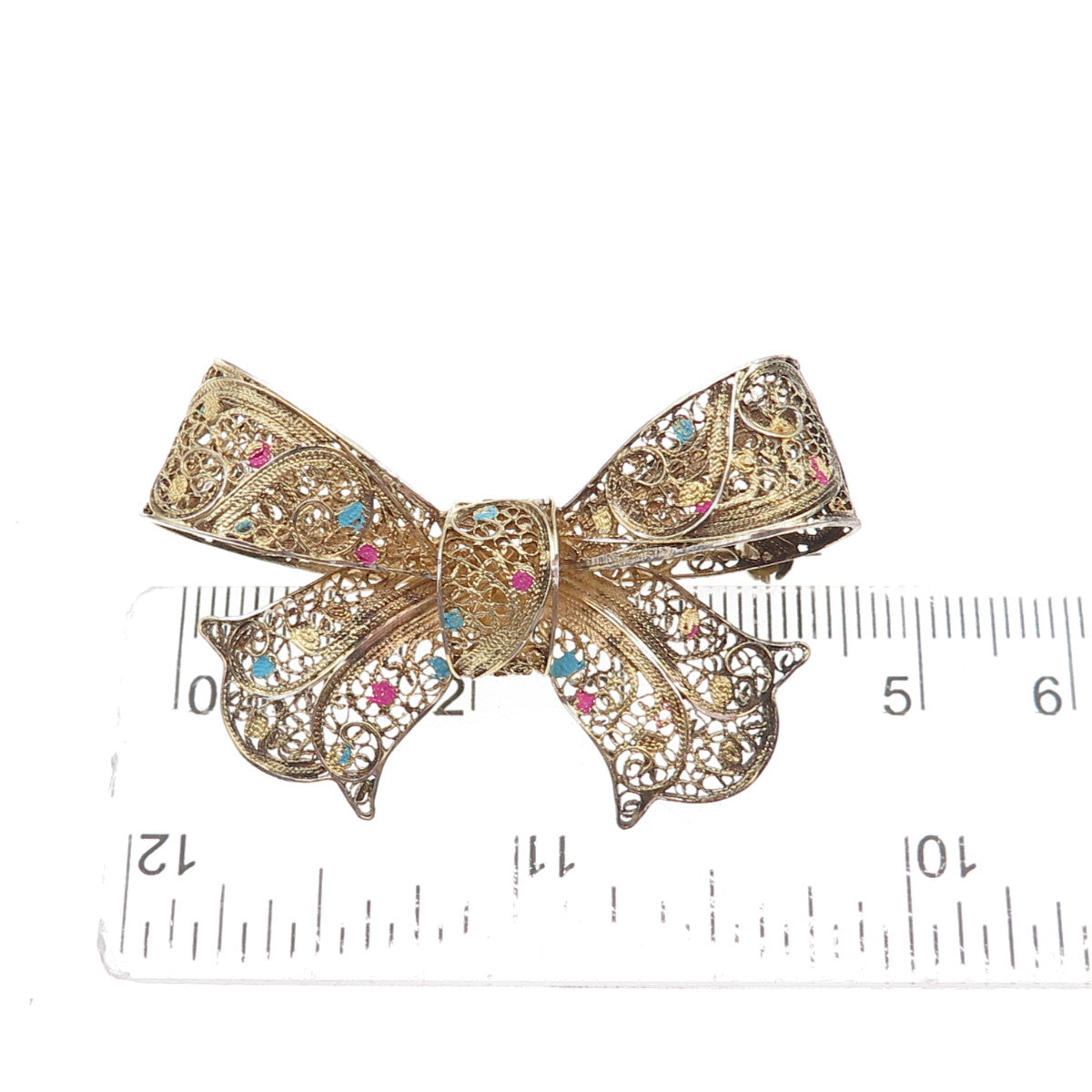 925 Sterling Silver Gold Plated Antique Art Deco Enamel Bow Filigree Pin Brooch