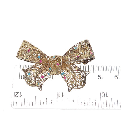 925 Sterling Silver Gold Plated Antique Art Deco Enamel Bow Filigree Pin Brooch
