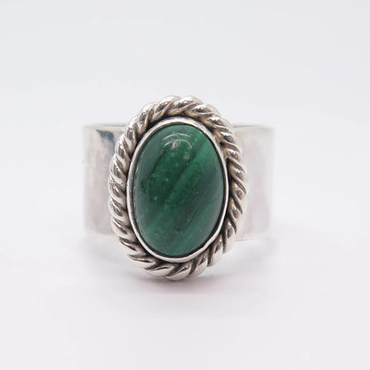 925 Sterling Silver Vintage Real Malachite Gem Twisted Oval Ring Size 7
