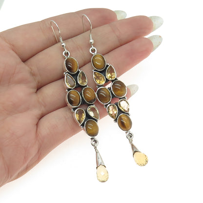 925 Sterling Silver Vintage Real Tiger Eye & Citrine Dangling Earrings