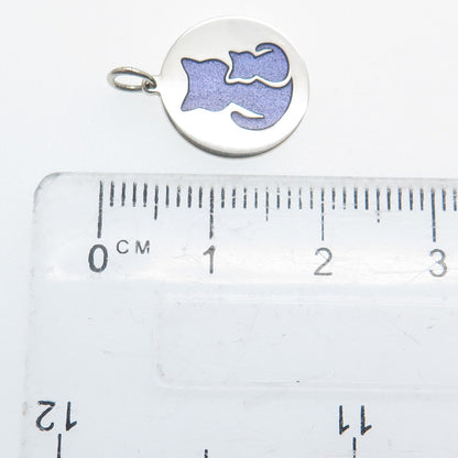 925 Sterling Silver Purple Enamel Cat Couple Round Tag Minimalist Charm Pendant