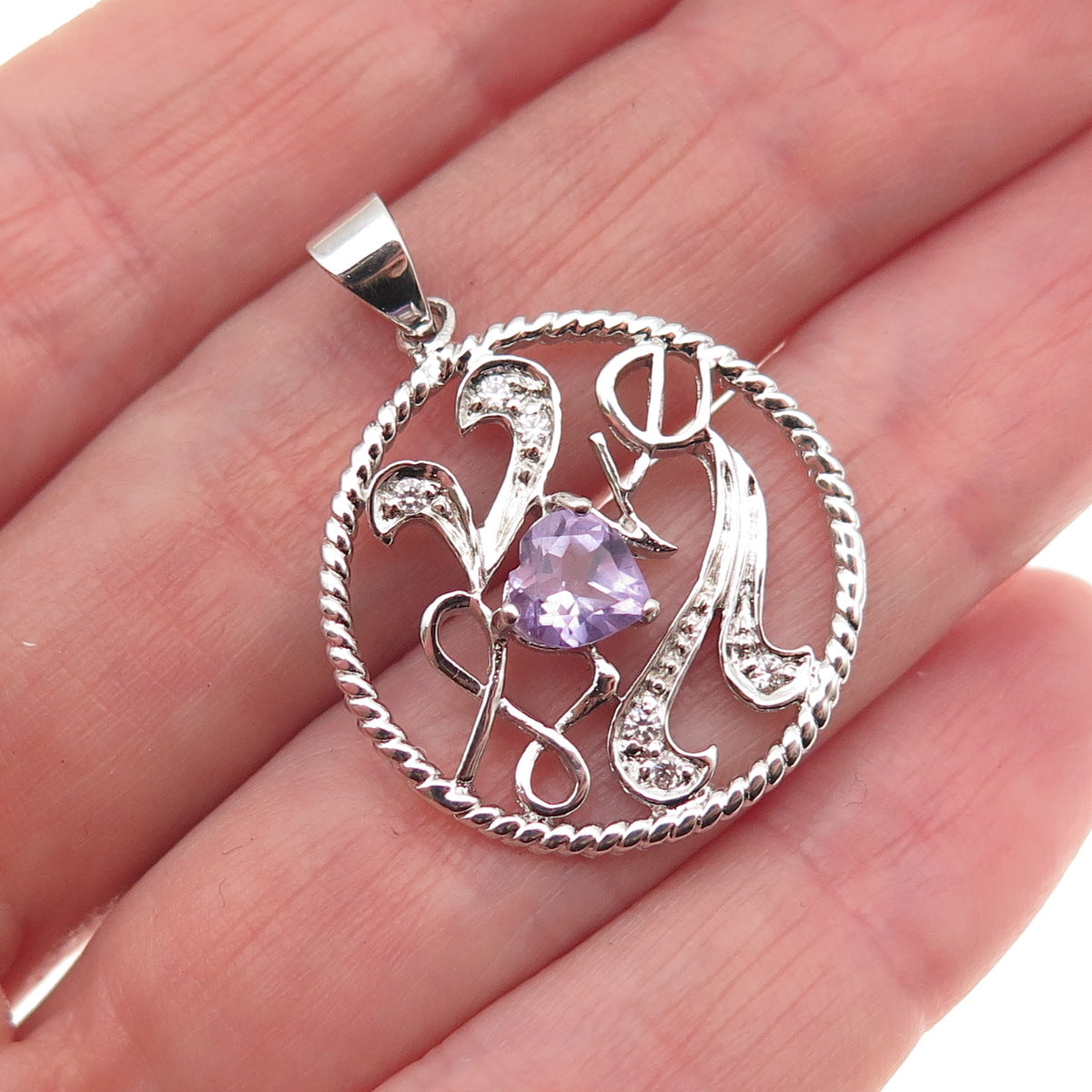 925 Sterling Silver Real Heart-Cut Amethyst & Round-Cut C Z Love Charm Pendant