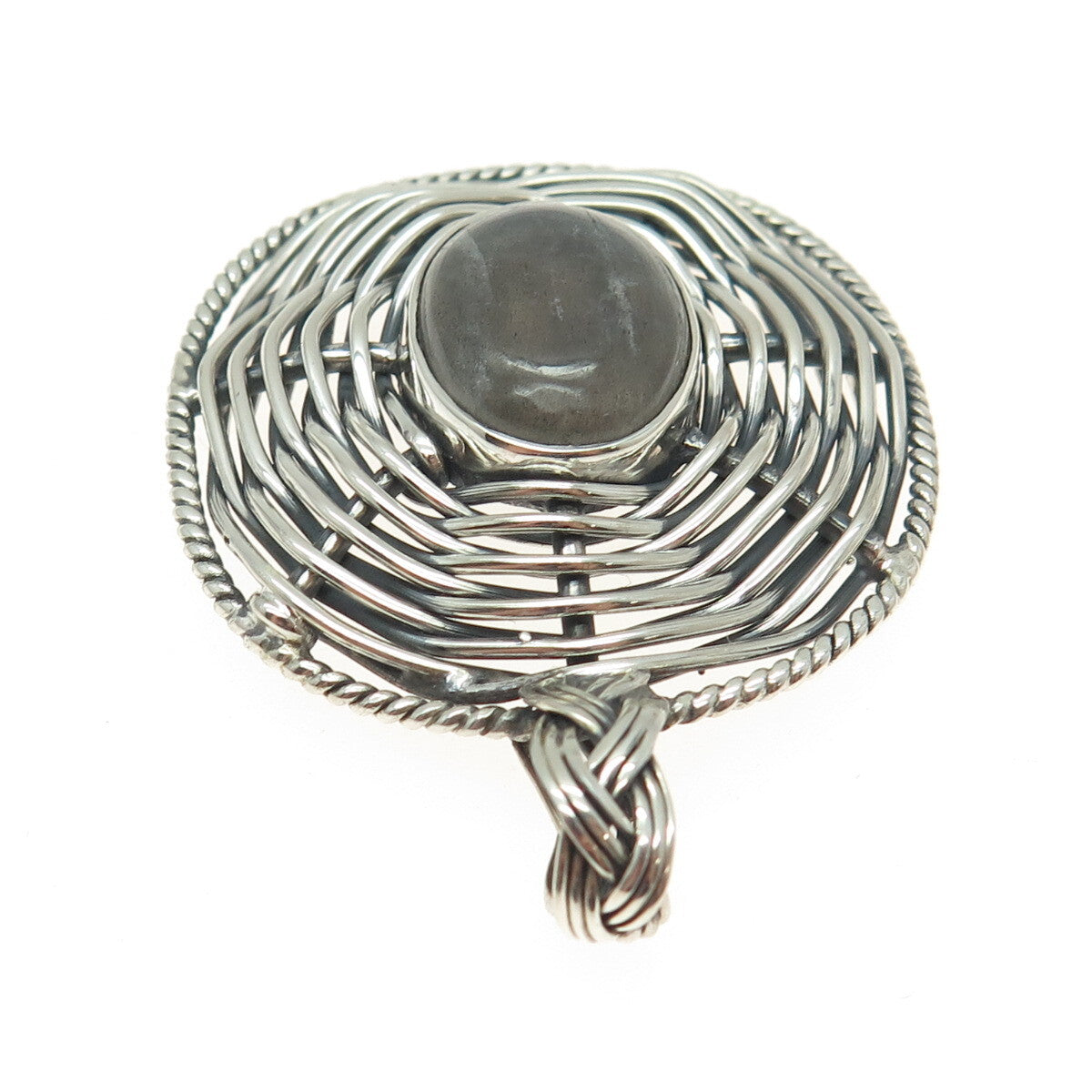 925 Sterling Silver Vintage Real Labradorite Modernist Wicker Oxidized Pendant