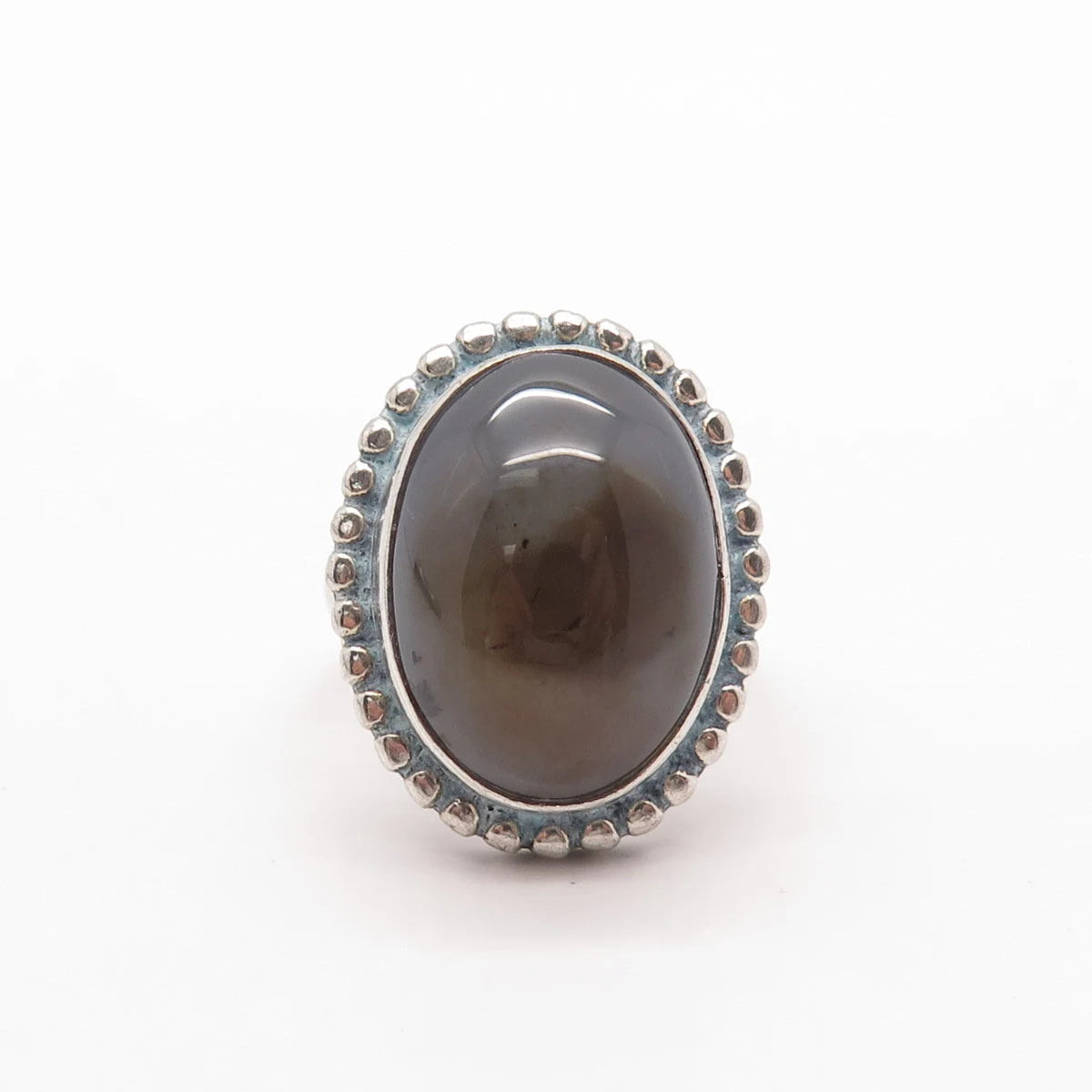 925 Sterling Silver Vintage Real Agate Gem Beaded Oval Ring Size 8.25
