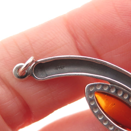 925 Sterling Silver Vintage Real Amber Modernist Centerpiece Pendant