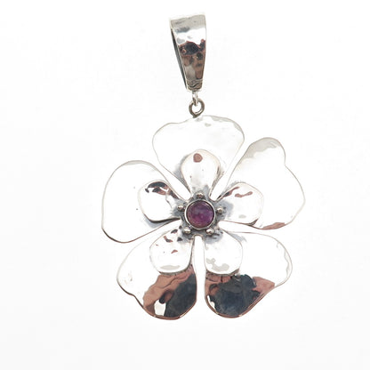 AIL Aluma 925 Sterling Silver Vintage Real Amethyst Flower Hammered Pendant