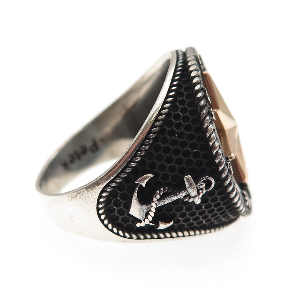 Petek 925 Sterling Silver 2-Tone Vintage Compass Oxidized Signet Ring Size 10