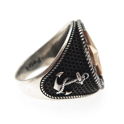 Petek 925 Sterling Silver 2-Tone Vintage Compass Oxidized Signet Ring Size 10