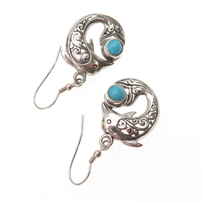 925 Sterling Silver Real Sleeping Beauty Turquoise Dolphin Dangle Earrings