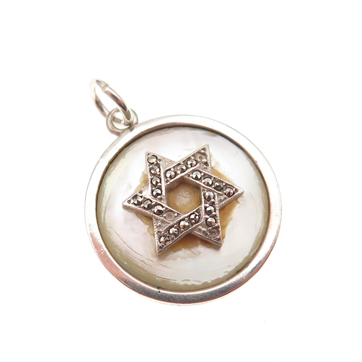 925 Sterling Antique Real MOP Marcasite Star of David Pendant (missing 3 stones)
