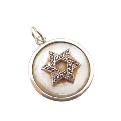 925 Sterling Antique Real MOP Marcasite Star of David Pendant (missing 3 stones)