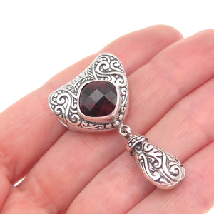 925 Sterling Silver Vintage Real Red Garnet Heart Swirl Slide Pendant
