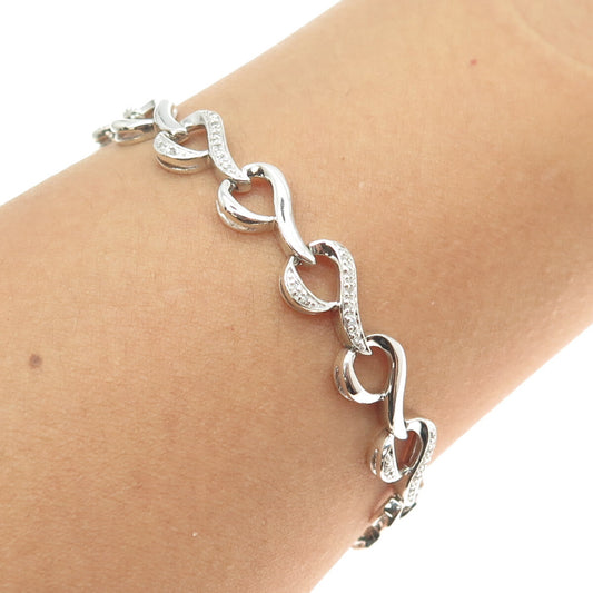 SUN 925 Sterling Silver Real Round-Cut White Diamond Heart Link Bracelet 7.25"
