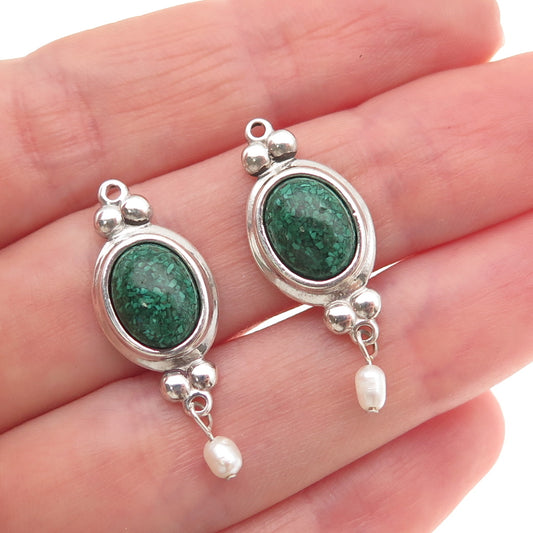 Coleman Co. Sterling Silver Vintage Real Malachite Inlay & Pearl Jacket Earrings