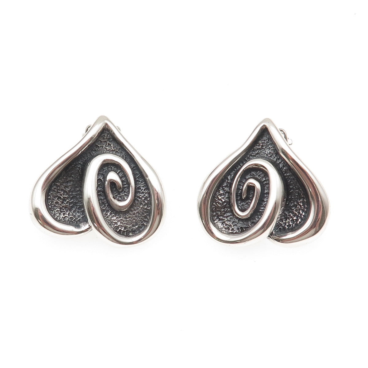 925 Sterling Silver Vintage Mexico Modernist Heart Oxidized Clip On Earrings