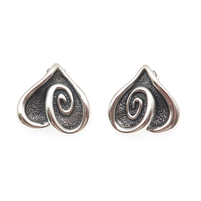 925 Sterling Silver Vintage Mexico Modernist Heart Oxidized Clip On Earrings