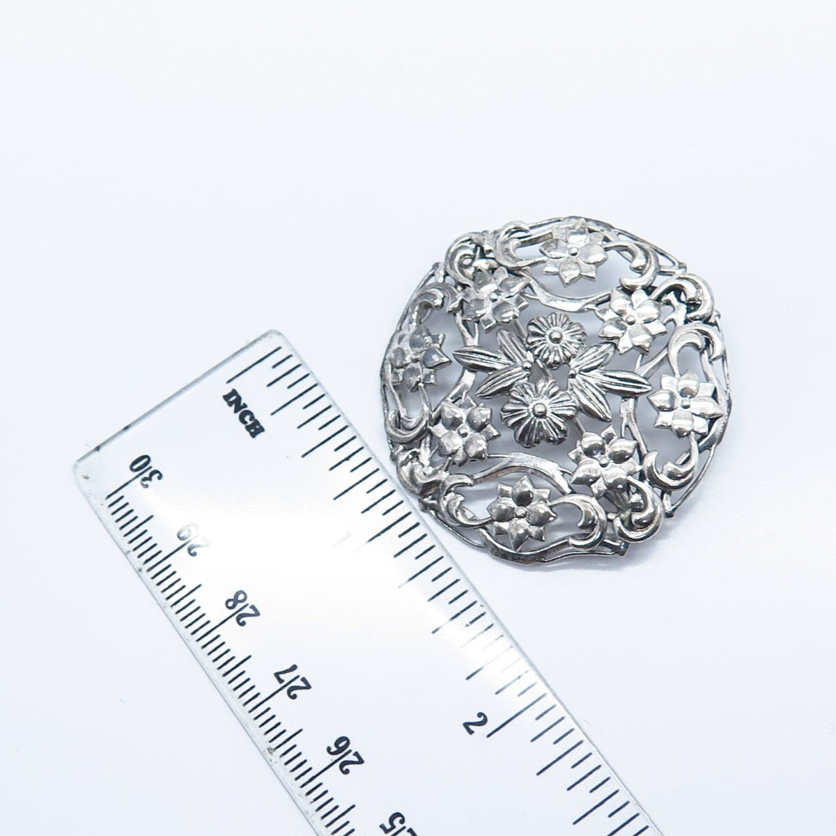 925 Sterling Silver Vintage Floral Ornate Pin Brooch