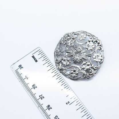925 Sterling Silver Vintage Floral Ornate Pin Brooch