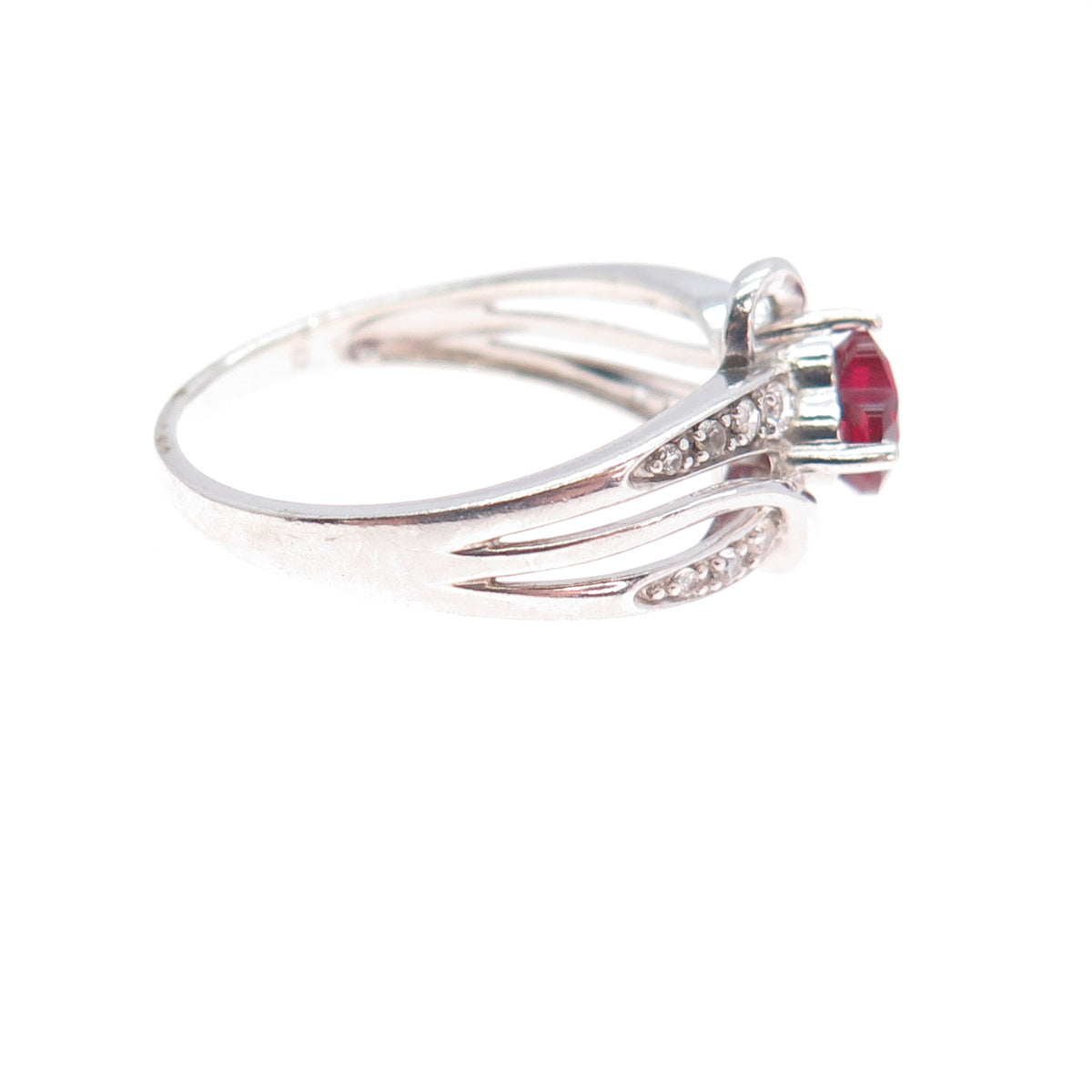 925 Sterling Silver Real White Topaz & Lab-Created Ruby Heart Ring Size 9