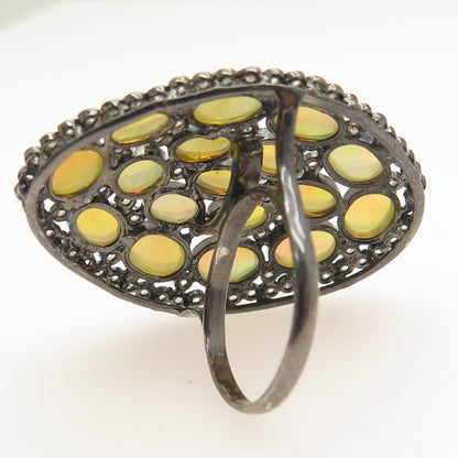 925 Sterling Silver Black Rhodium Real Opal & White Topaz Cluster Ring Size 6.75