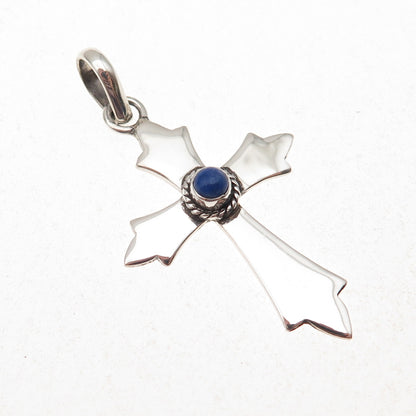 925 Sterling Silver Vintage Real Lapis Cross Charm Pendant